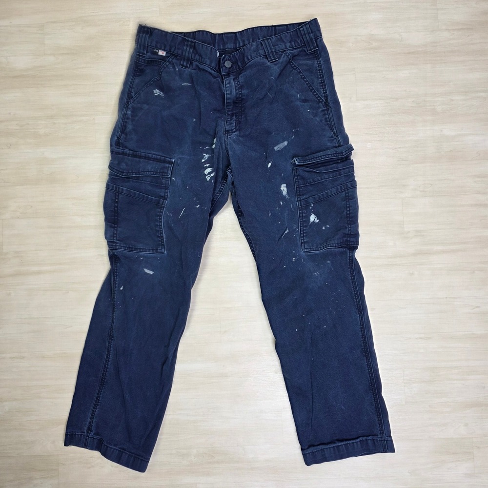Carhartt FR Navy Blue Cargo Work Pants Mens‎ 36 x 28 Distressed Paint 104205-126